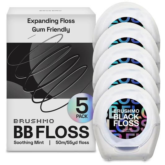 Brushmo Black Floss (BB Floss) - Expanding Gum-Friendly Soothing Mint Dental Floss, Natural Wax Helps Remove Plaque from Teeth, US-Dentist Designed PTFE & PFAS Free Oral Care, 5 Spools, 275 yd, Vegan