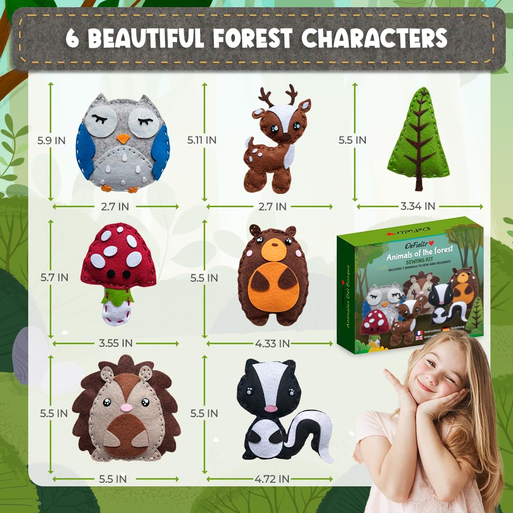 DeFieltro Kids Sewing Kit - Sewing Kit for Beginners - Craft Kits - Sewing Kit for Kids - DIY Felt Plush Craft for Girls and Boys - Sewing Kit for Kids 4-7 Forest Creatures - Sewing Kits Ages 8-12