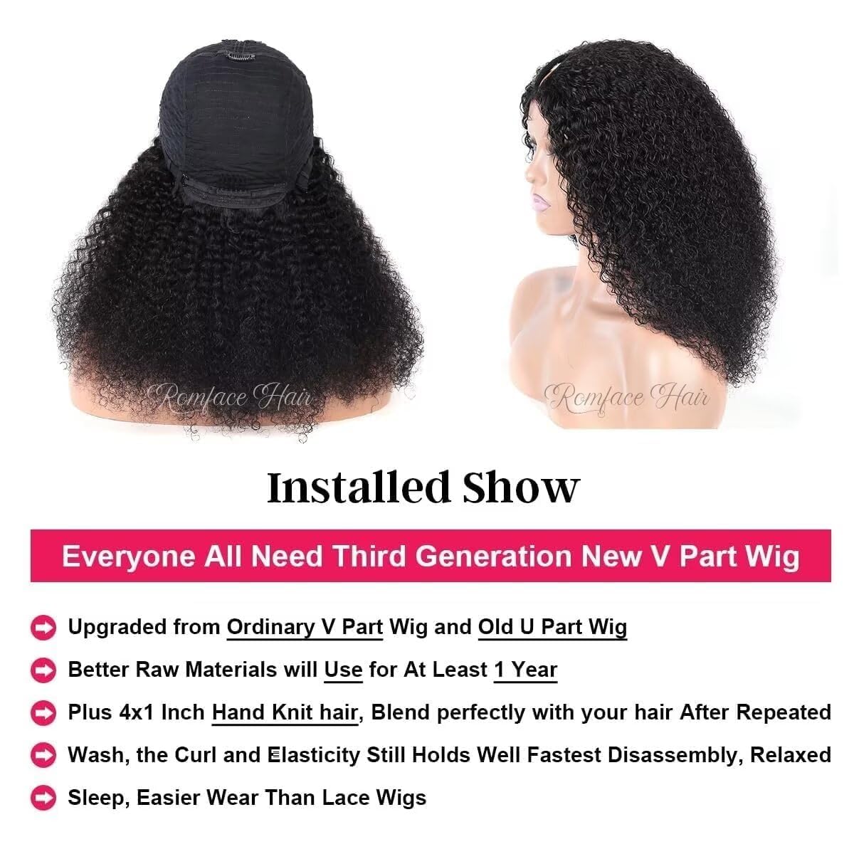 Romface V Part Human Hair Wig for Women 180% Density Brazilian Remy Curly Human Hair No Leave Out Upgrade U part Wigs Afro Kinky Curly V Part Wigs No Sew In No Glue Natural Color 16 inch