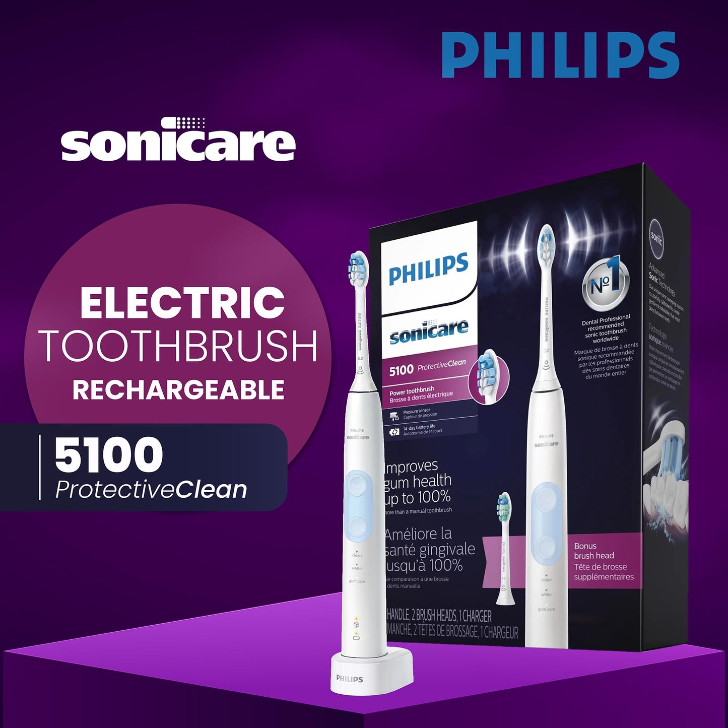 PHILIPS Sonicare ProtectiveClean Electric Toothbrush with Plaque Control Brush Head, Rechargeable Sonicare Toothbrush with Pressure Sensor, Phillips Sonic Toothbrush, Gum Health Brush Head