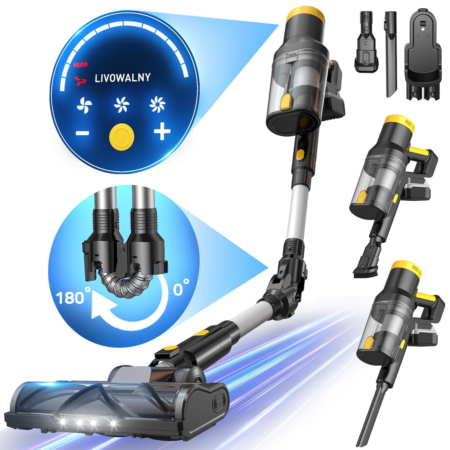 350W Cordless Vacuum Cleaner for DeWALT 20V Battery(No Battery), 40KPA Self-Standing Stick Vacuum with Touch Screen, Double Dust Cup, 180° Bendable Wand Vacuum Cleaner for Home Hard Floor Pet Carpet