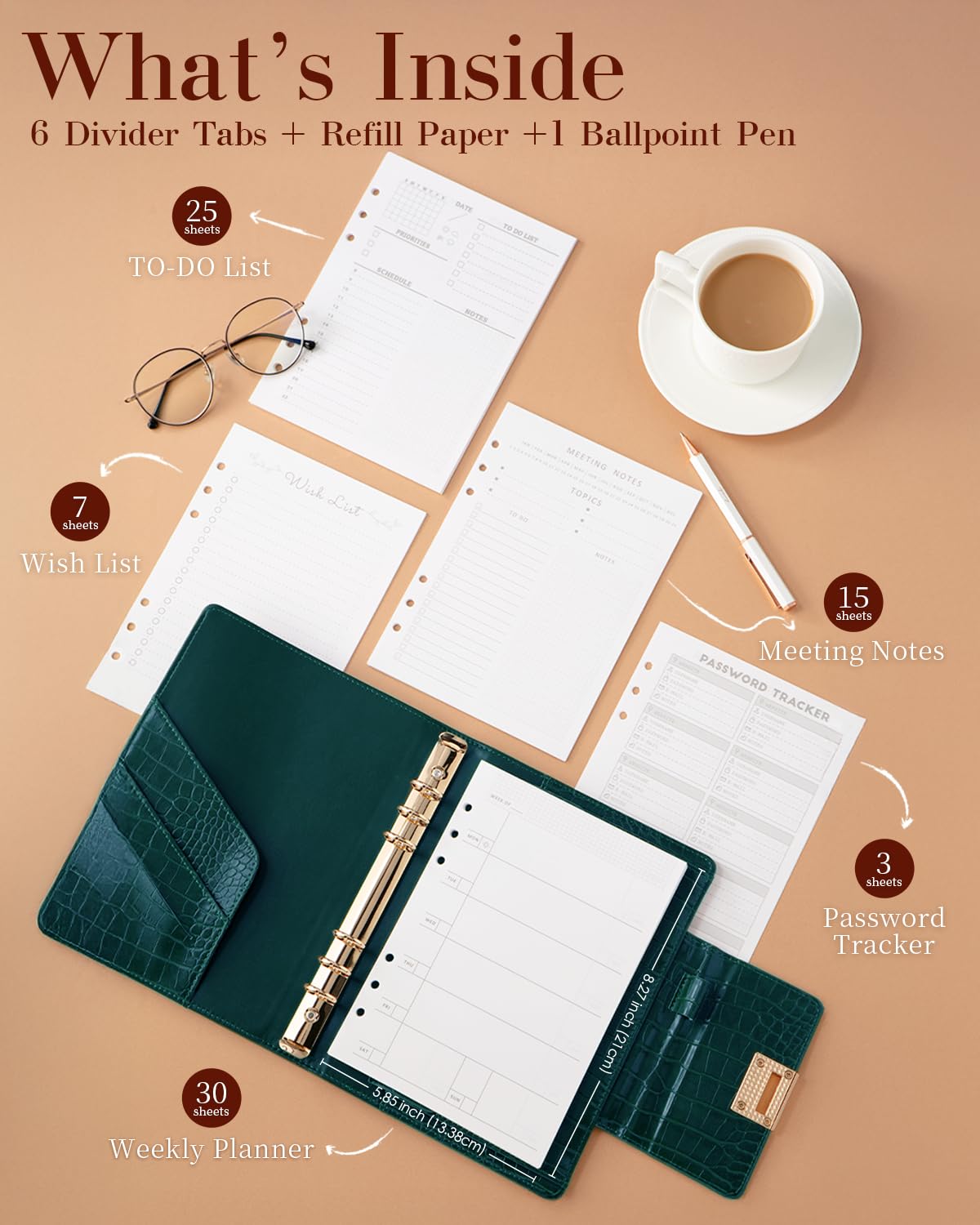 EGOSUNNY Croc-Embossed A5 PU Leather Planner 5.8" x 8.3", Refillable 6-Ring Binder with 80 Sheets, Dividers & Elegant Metal Ballpoint Pen – Elegant Organizer for Work & Everyday Use