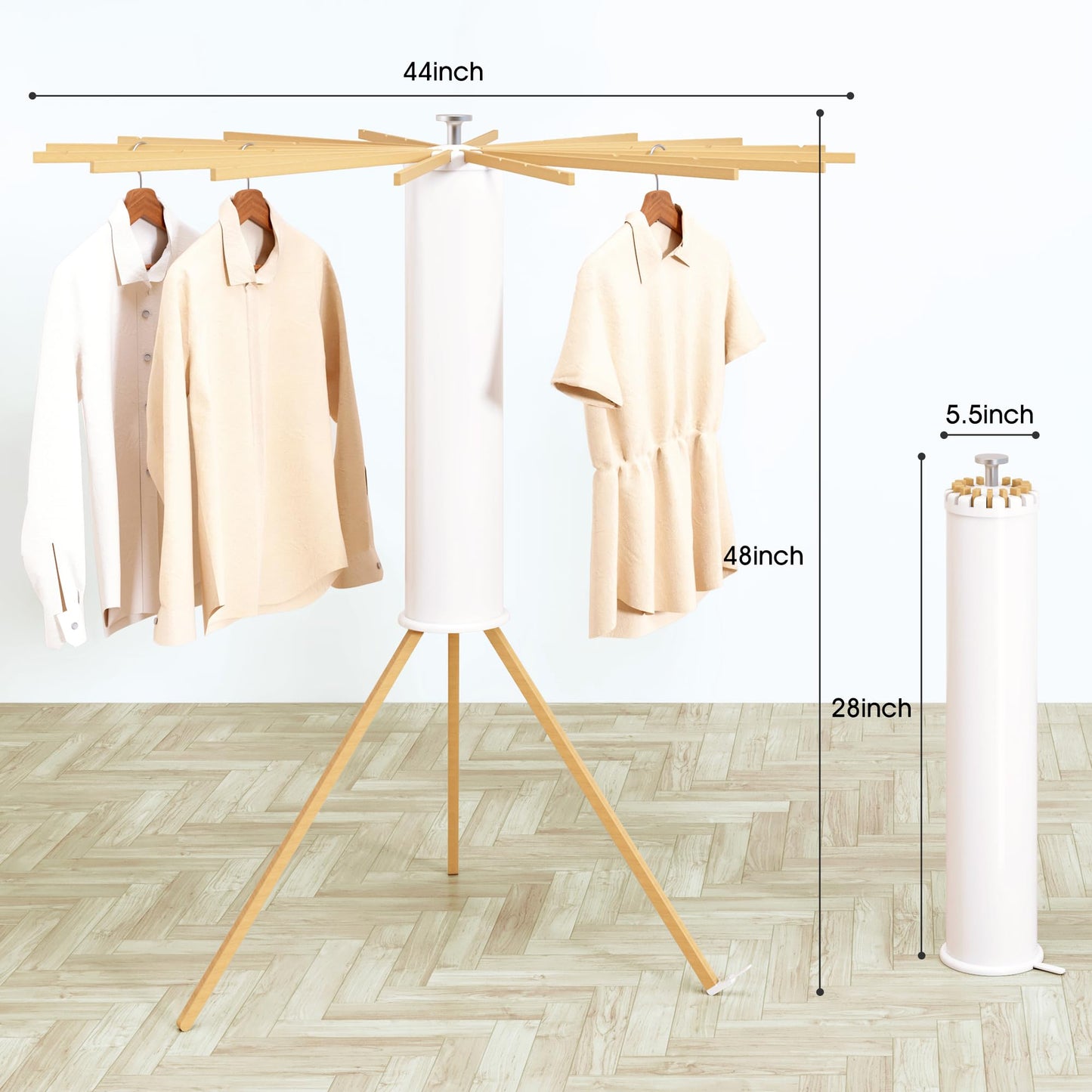 BAZANADI Heavy-Duty Wooden Tripod Clothes Drying Rack, 16 Rods, Large Capacity, 360° Airflow Umbrella Dryer, Foldable Space-Saving Floor Stand for Indoor Outdoor Use
