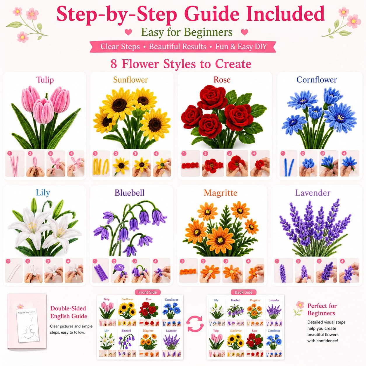 790 PCS Pipe Cleaner Flower Kit, Flower Pipe Cleaner Bulk Set, Pipe Cleaners Pastel for Pipe Flowers, DIY Pipe Cleaner Bouquet Craft Supplies for Handmade Gifts