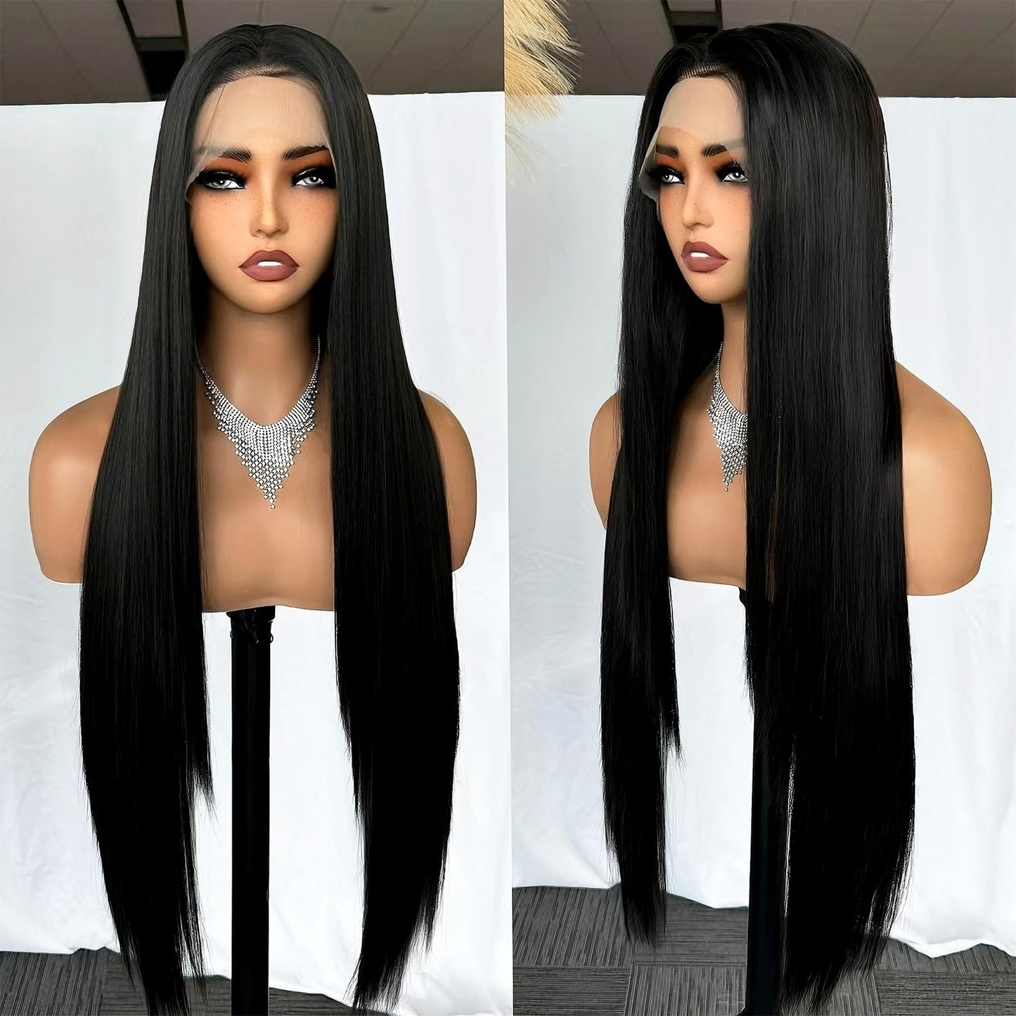 SOKU 13x6 Synthetic Lace Front Wigs,32 Inch Long Straight Wigs Pre Plucked,Free Part Natural Black Lace Frontal Wigs with Baby Hair for Women,Put On Go Glueless Wig Beginner Friendly