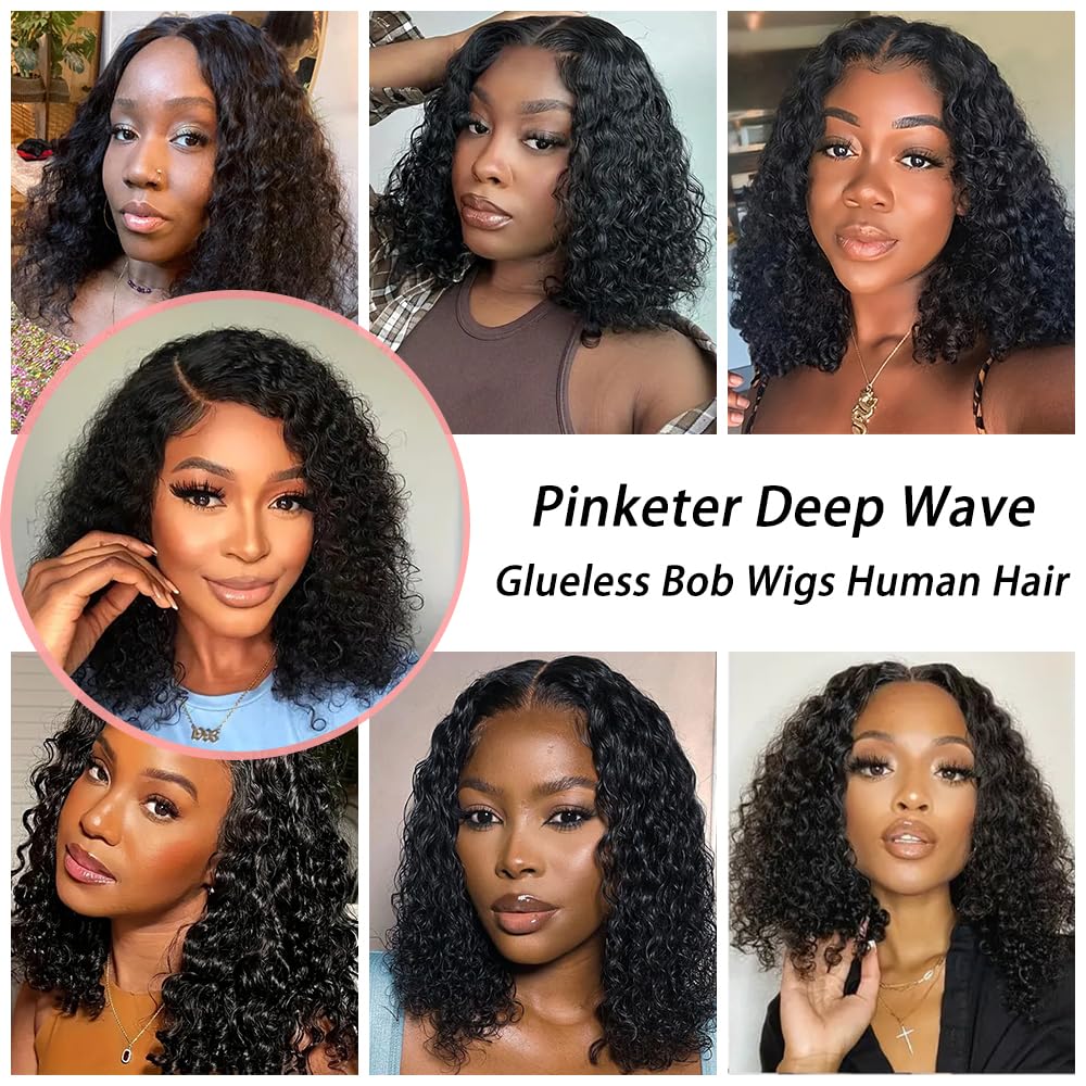 Wear and Go Bob Wig Human Hair Deep Wave Glueless Wigs Pre Plucked Pre Cut 4x4 Lace Closure 180% Density Ready to Wear Bob Wigs for Black Women Beginner Friendly (Curly Bob Wig, 12inch)