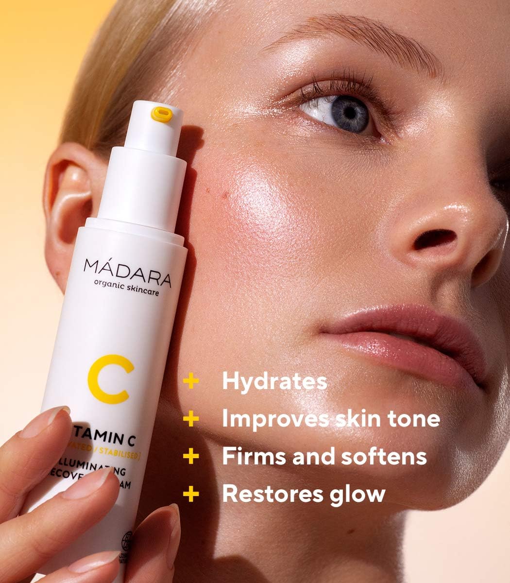 MÁDARA Organic Skincare | Vitamin C Illuminating Recovery Cream – 50 ml, Vitamin C moisturiser with hyaluronic acid, Hydrating and brightening face cream, All skin types, Vegan, Ecocert certified