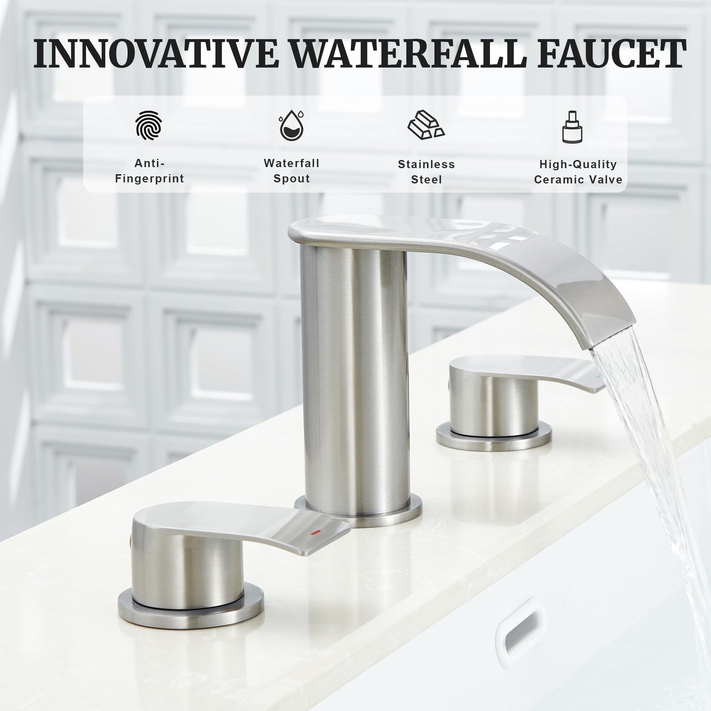 Ultimate Unicorn 8 inch Bathroom Faucet Brushed Nickel, Waterfall Bathroom Faucet with Metal Pop-up Sink Drain Stopper and 2 Supply Hoses,2 Handle Widespread Faucets for Vanity Sink 3 Holes