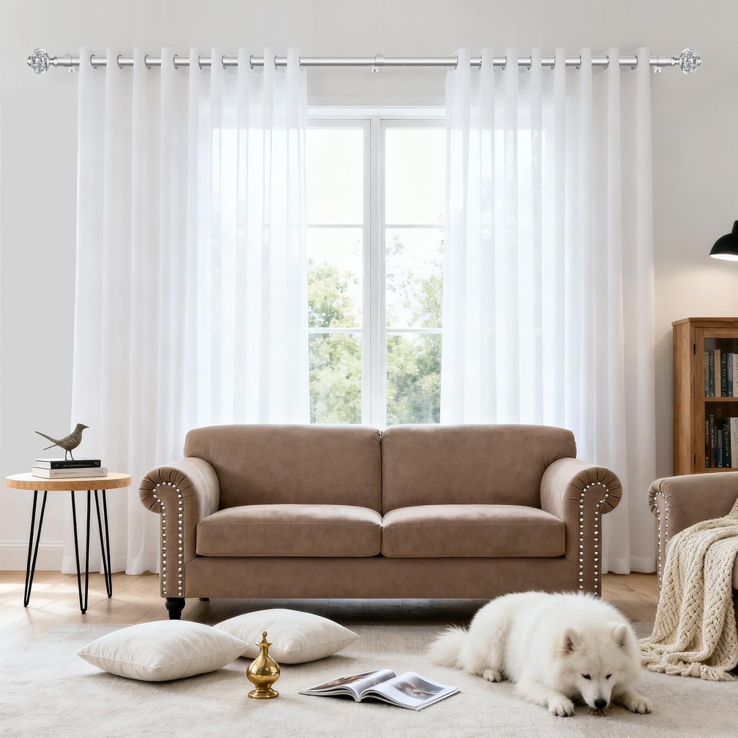 USFOOK 2 Pack Silver Curtain Rods for Windows 48 to 84 Inch, 7/8 inch Telescoping Splicing Drapery Rods 32 to 86 Inch, Decoration for Home with Decorative Translucent Finials