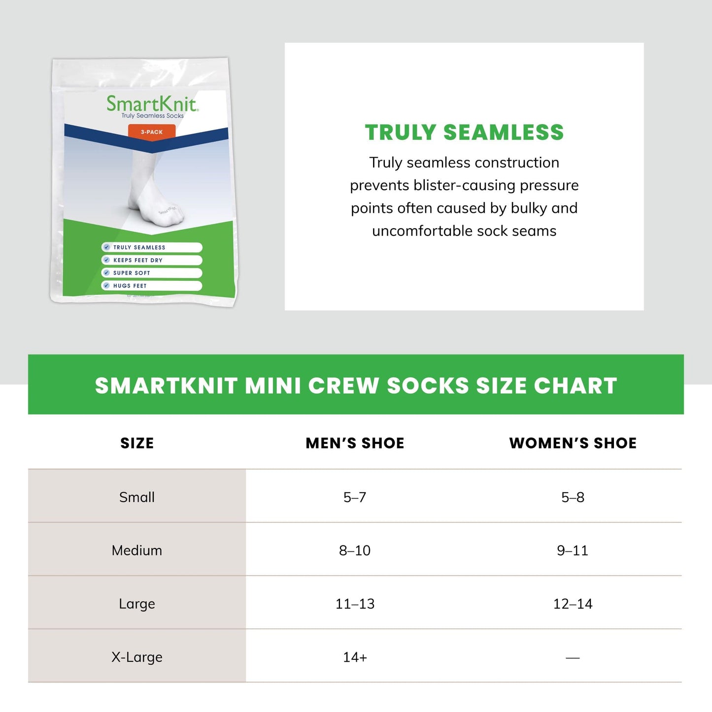 SMARTKNIT Seamless Diabetic Mini Crew Socks 3 Pack (6 Count), Medium, White