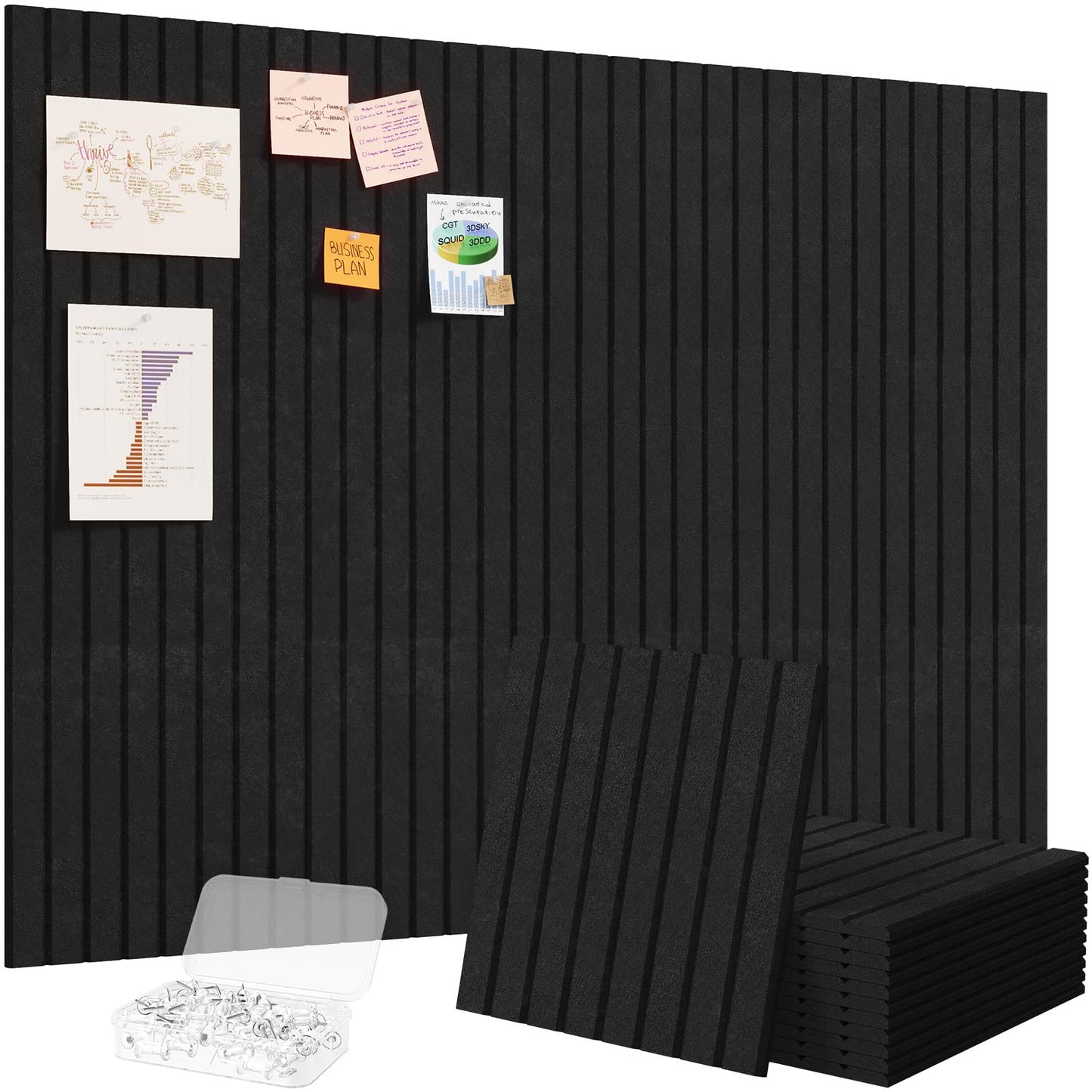 Lifewit Felt Slatted Bulletin Board, 12 Pack Self-Adhesive Panel, 48"x 36" Total Size, Cork Board Alternative, Pin Message Board with 30 Pushpins for Room and Office Decor, Home, Dorm, Black