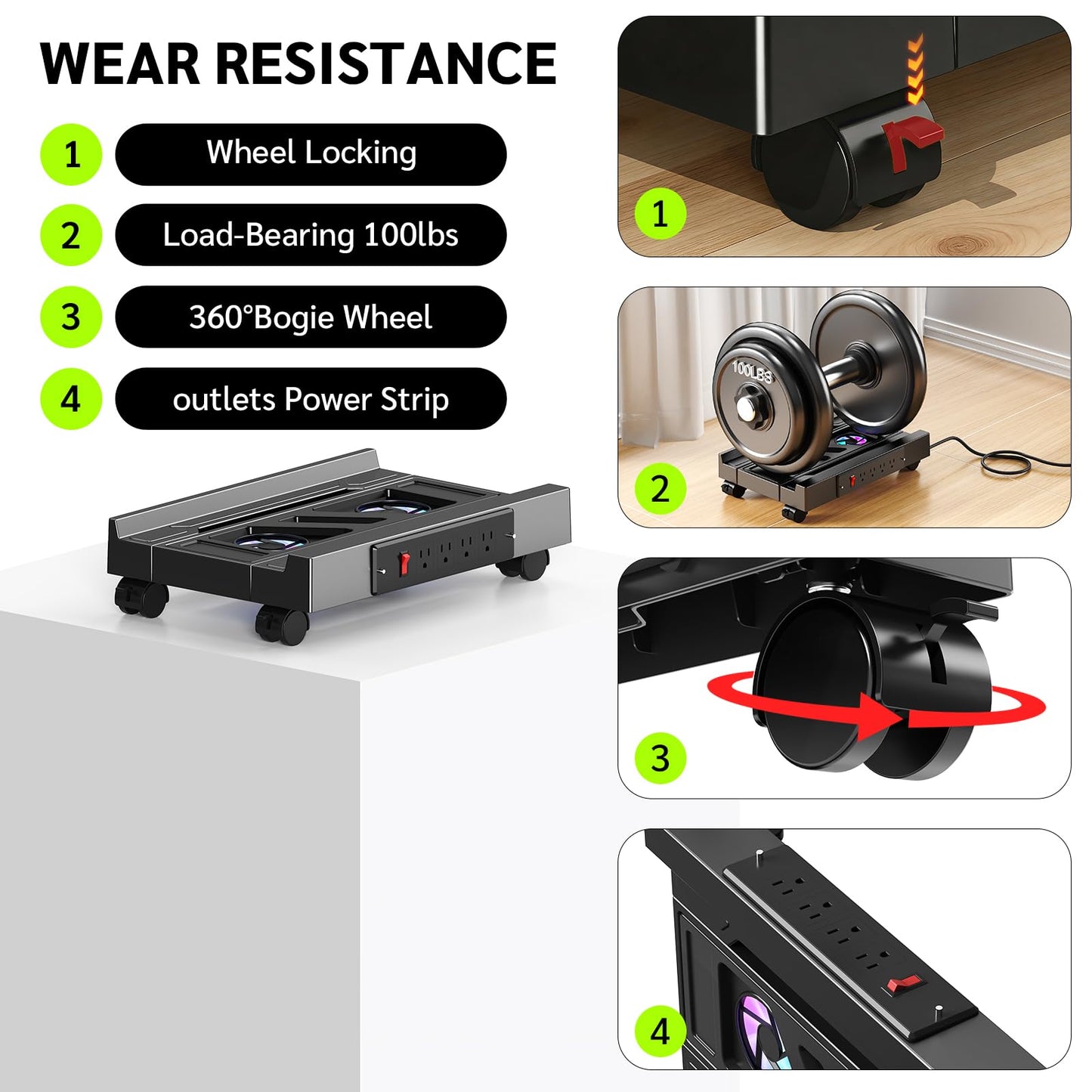 Adjustable CPU Holder with Charging Station and Cooling Fan with RGB Light,Mobile CPU Holder with 4 Rolling Casters, Under Desk CPU Bracket PC Floor Cart PC Riser for Office, Home (Socket with Fan)