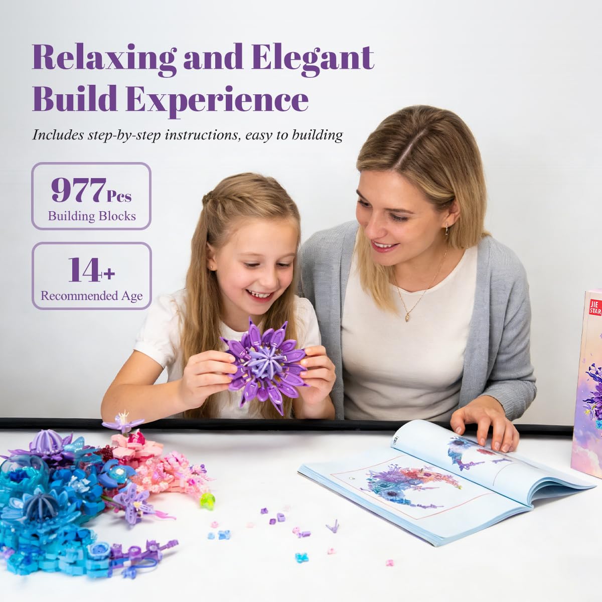 Moon Eternal Flower Decoration Building Set for Adults, 977 Pcs Micro-Particle Crescent-Shaped Artificial Flowers Building Blocks with Built-in Wall-Mounting Holes for Easy Wall Display (JJ9163)