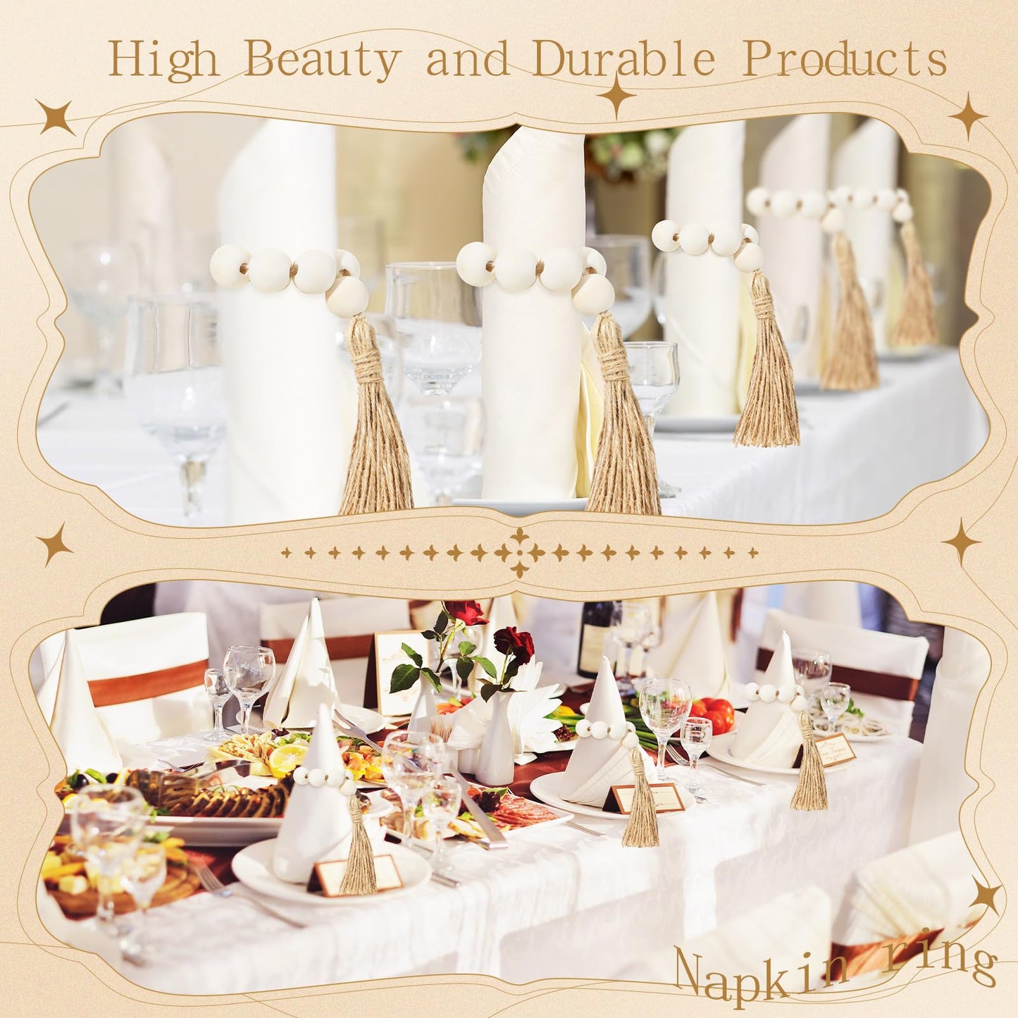 Maxcheck 60 Pcs Wood Bead Napkin Rings with Tassel Handmade Wooden Farmhouse Napkin Ring Natural Beaded Napkin Ring Holders for Tabletop Dining Party Wedding Gathering Home Decoration (Rustic)
