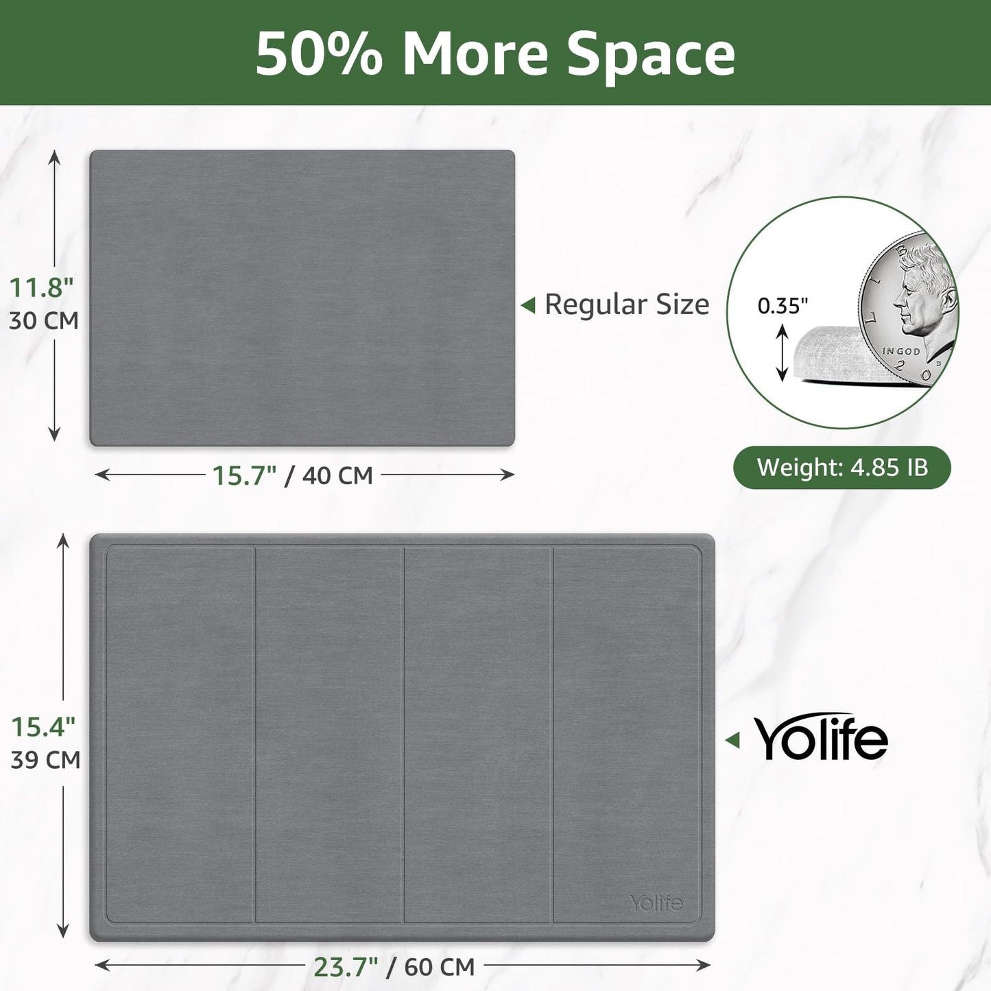 Yolife Extra Large Stone Drying Mat for Kitchen Counter, 23.7" x 15.4" Kitchen Stone Dish Drying Mat, Quick Drying Diatomaceous Earth Dish Drying Mat, Stone Dish Mat with Non Slip Pad (Grey)