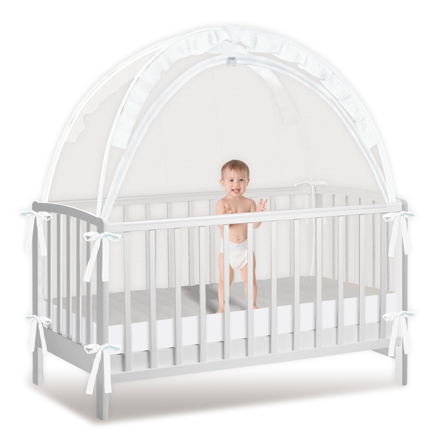 Crib Tent to Keep Baby from Climbing Out, Crib Net to Keep Baby in - Mesh Climbing Prevention, Pop Up Tent with Two-Way Self-Locking Metal Zipper (White, Large)
