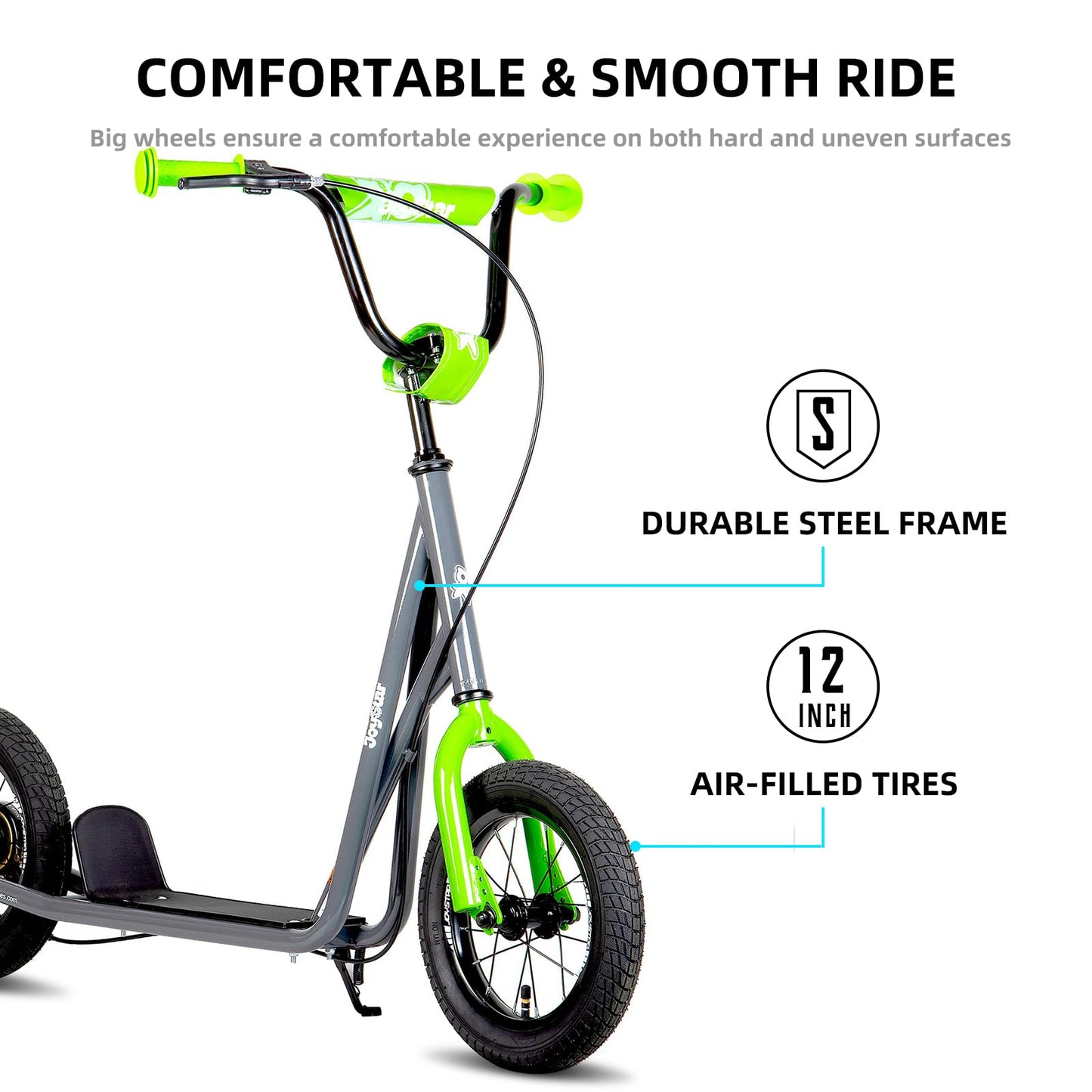 JOYSTAR Kick Scooter for Ages 5-9 Years Old Boys Girls, 12 Inch Big Wheels Scooters for Kids, Teens and Adults, Adjustable Handlebar, Kids Scooter, Gray