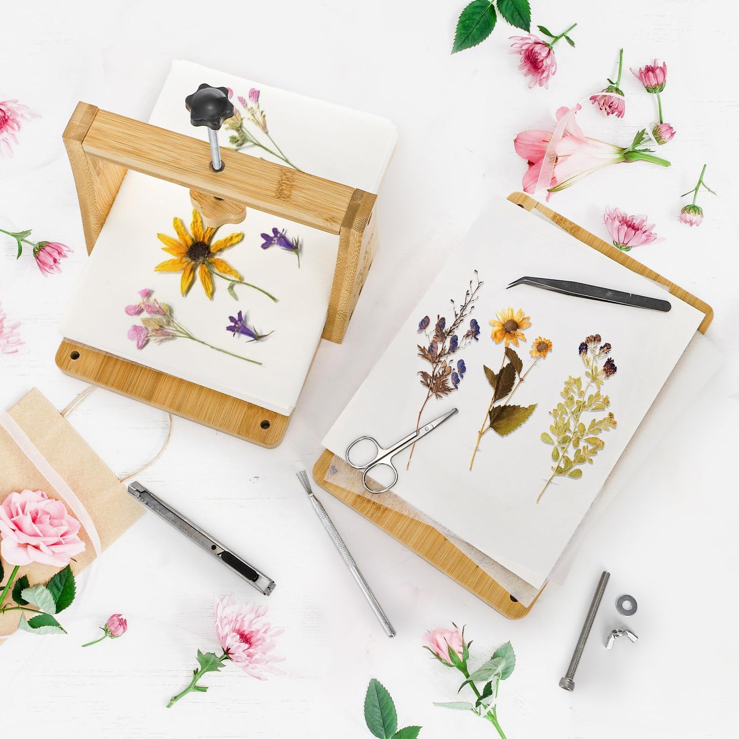 Pumtus Large Flower Press Kit, 6 Layers 11" x 7" Leaf Plant Preservation Kits, Even Pressure DIY Bamboo Floral Pressing Kit, Easy Pressed Arts and Craft Tool for Wedding Flower Preserve, DIY Lovers