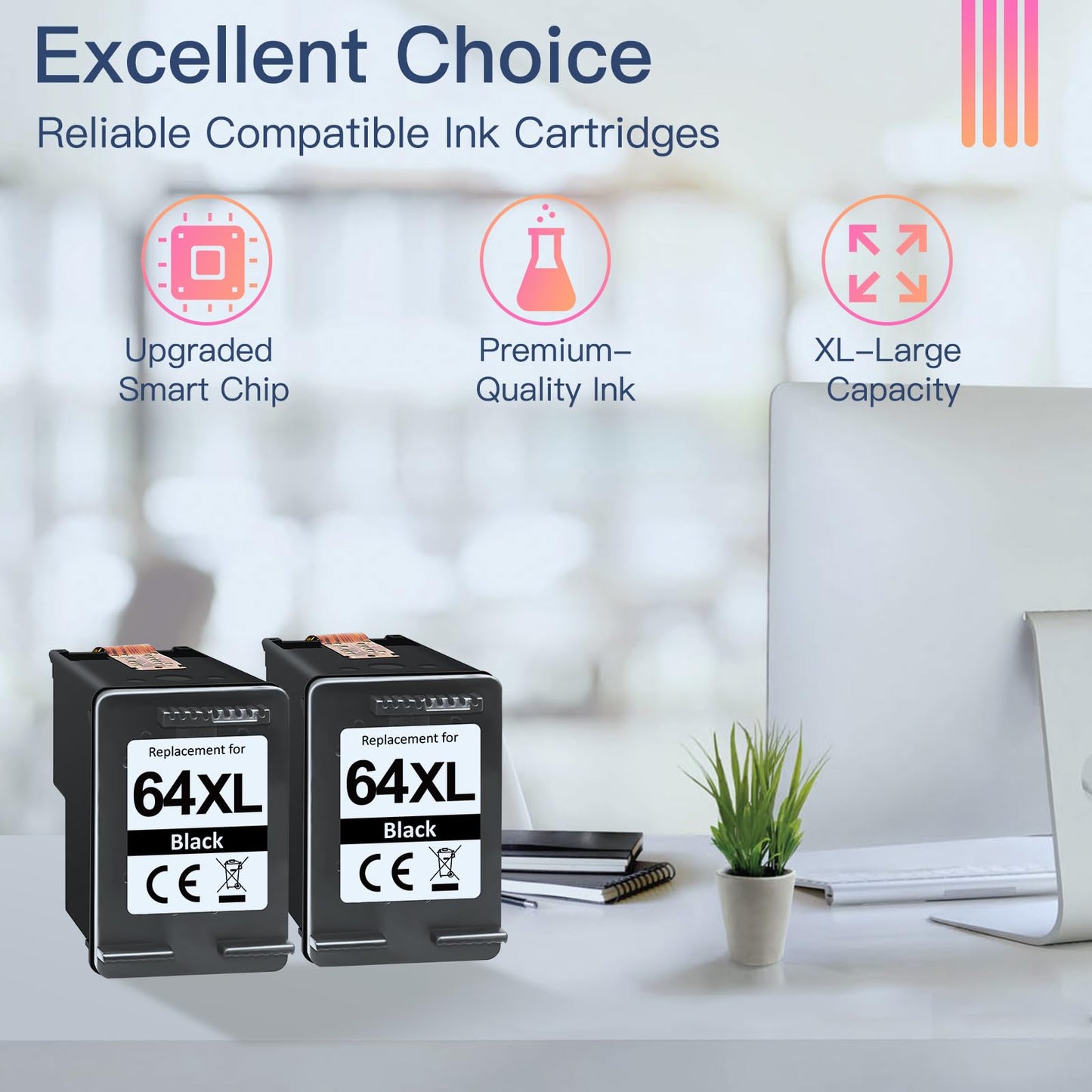 InKID Printer Ink 64 Compatible for HP 64XL Black Ink Cartridge Work for Envy Photo 7800 7858 7855 7100 7120 7155 7158 7164 6255 6252 Inspire 7955e Tango Series Printer(2 Pack)