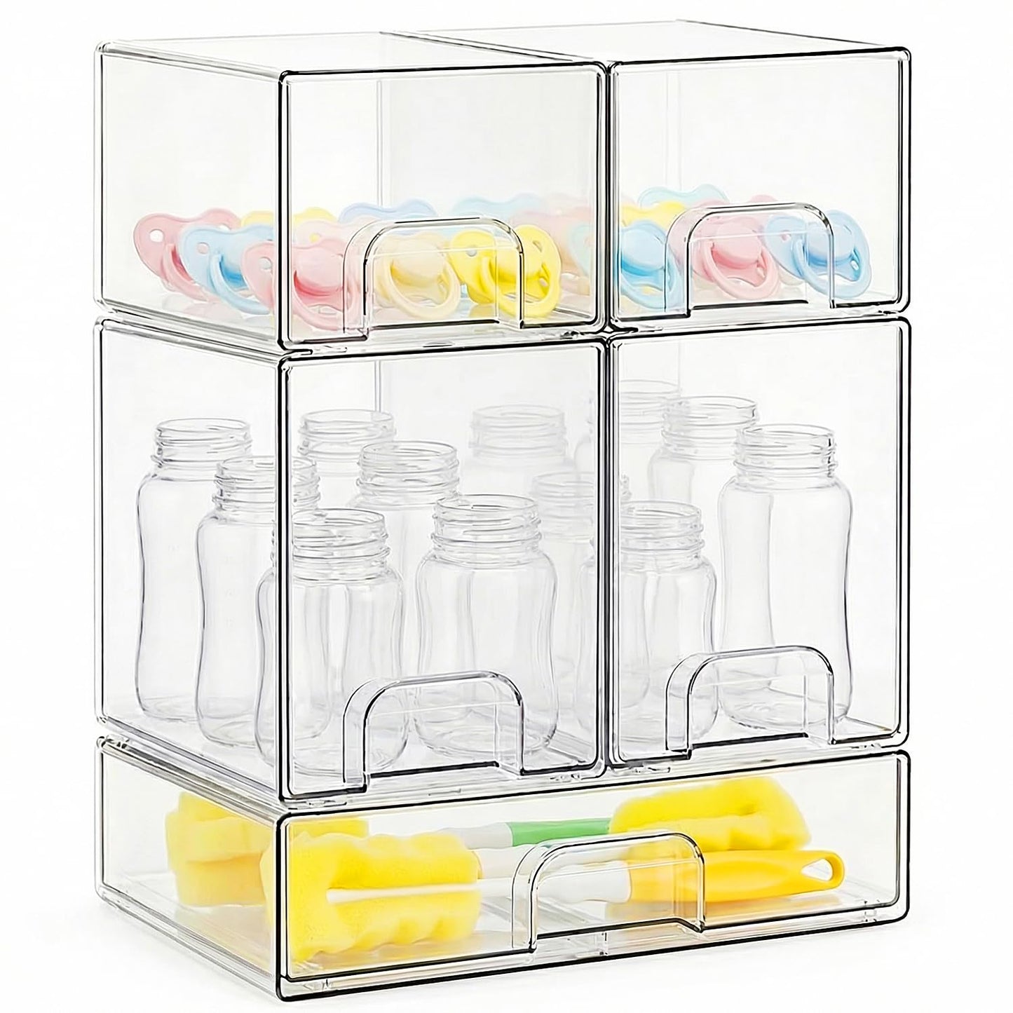 Bottle Storage Organizer Baby, Clear Stackable Storage Drawers Set for Baby Bottle, Beauty Supplies Storage, Ideal for Countertop, Vanity, Bathroom, Cabinet, Pantry Organization, 15.4" H, 5 Pack