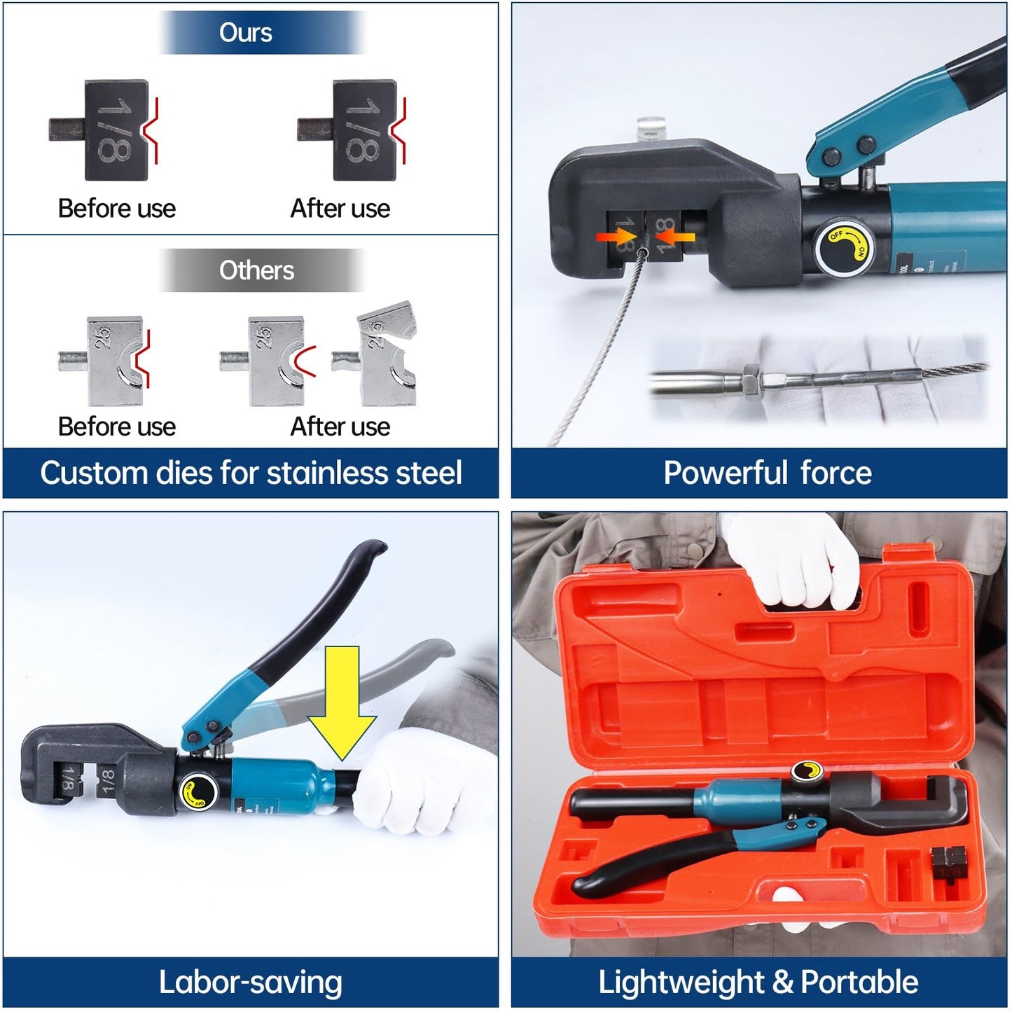 Muzata Custom Cable Railing Crimping Tool Hydraulic Crimper Hydraulic Crimping Tool for 1/8" Stainless Steel Cable Railing Kit Wire Rope Swaging Kit with Wire Cutter CR09 CK12