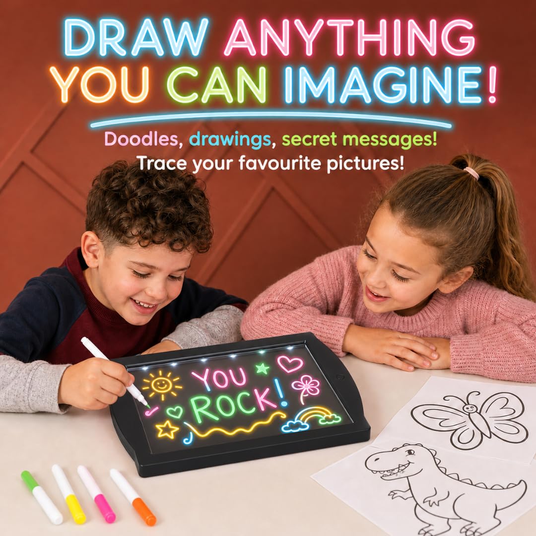 Marvin's Magic - Glow Art Unique Craft Kit | Light Up Kids Art Set | Includes Neon Effect Drawing Board with A Built-in Stand and 4 Fluorescent Magic Pens - Black