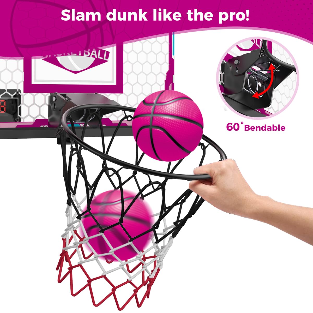 VATOS Basketball Hoop for Girls Indoor, Pink Remote Control Basketball Hoop with Electronic Scoreboard, Mini LED Basketball Hoop Basketball Set Toys Birthday Gifts for 3 4 5 6 7 Years Old Kids Girls