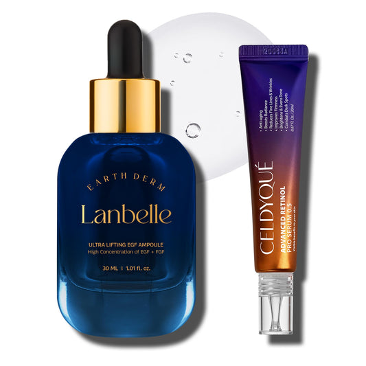 LANBELLE Ultra Lifting EGF FGF Ampoule Serum w/Centella Asiatica and Hyaluronic Acids & Celdyque Advanced Retinol Pro Serum Duo Set Improves Skin Balance Anti-Aging Skin-Smoothing Korean Skincare
