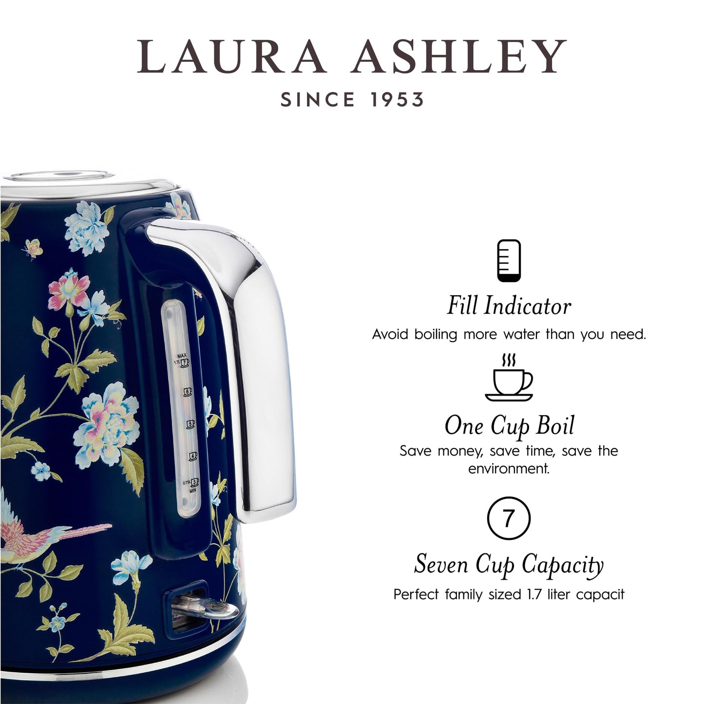 Laura Ashley Stainless Steel Electric Kettle 1.7 Liter - 1500W Rapid Boil Electric Kettles for Boiling Water - Electric Tea Kettles Automatic Shut Off - Overheat & Boil Dry Protection Jug Kettle