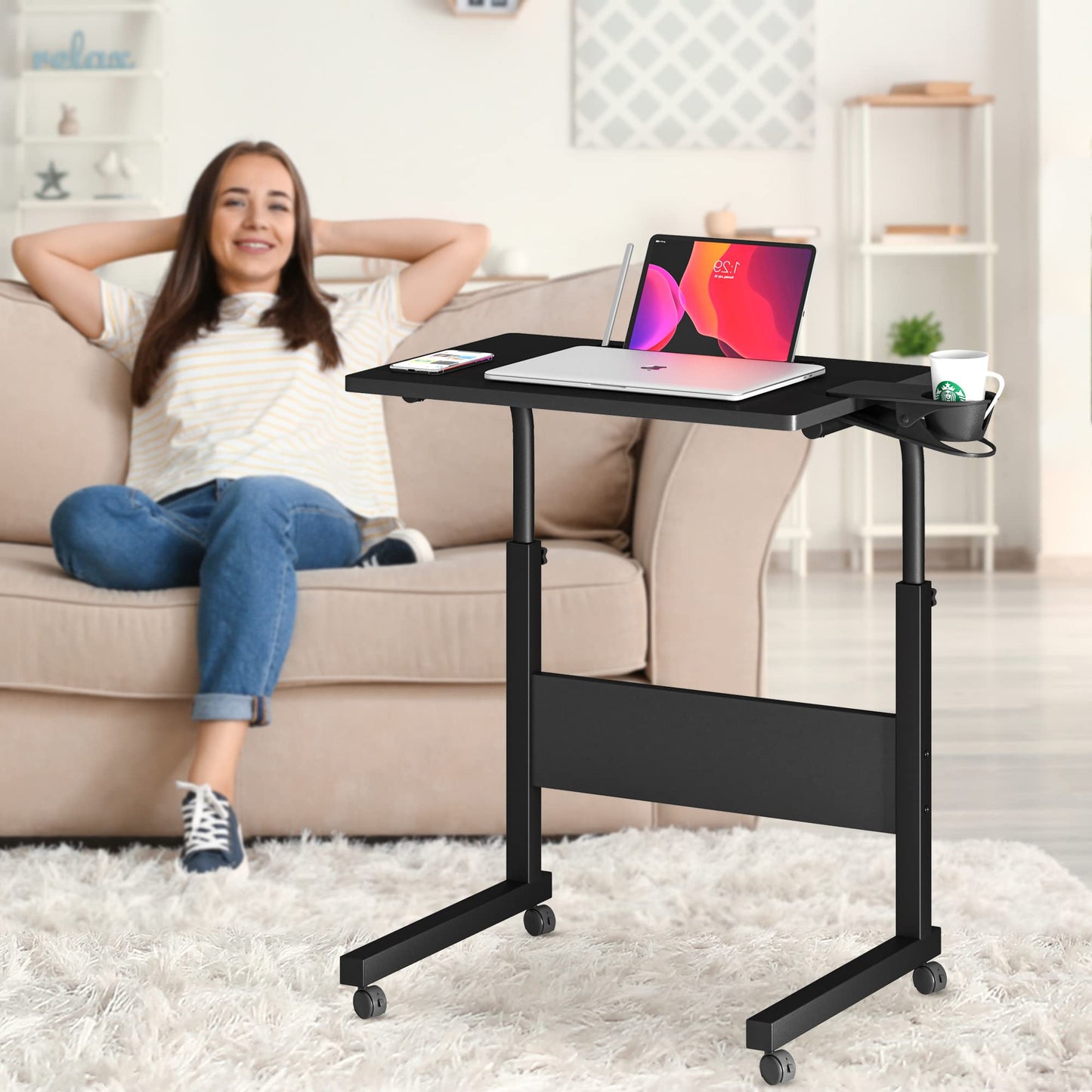Klvied Small Standing Desk Adjustable Height, Portable Treadmill Desk, Mobile Table Ideal for Laptops and Tablets, Black