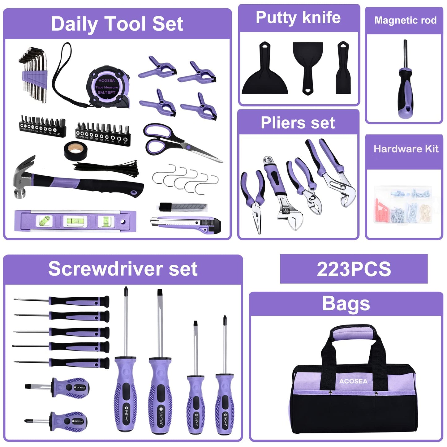 ACOSEA Purple Tool Set,223-Piece Tool Sets for Women,Tool Kit with 13-Inch Wide Mouth Open Purple Tool Bag,The Basic Tool Set is Perfect for Home Maintenance (PURPLE)