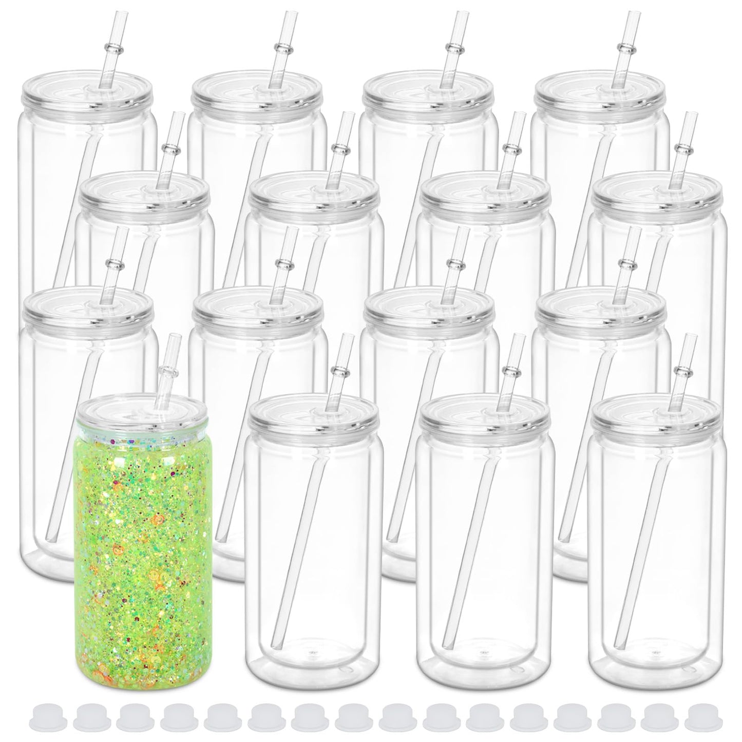 Micellwuu 16 oz Plastic Snow Globe Tumbler, 16 Pack Double Wall Snowglobe Tumbler with Pre Drilled Hole, Plastic Mason Jar Cups Can for Snow Globe Glitter DIY (Clear)