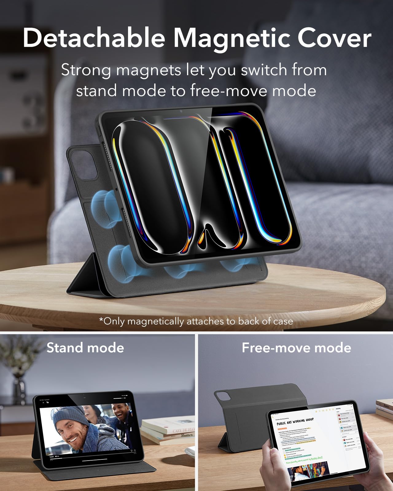 ESR for iPad Pro 13 Inch Case M4(2024), iPad Pro 13 Case with Pencil Holder, Removable Magnetic Cover, Vertical Stand, Fully Supports Pencil Pro and Pencil(USB-C), Rebound 360 Series, Black