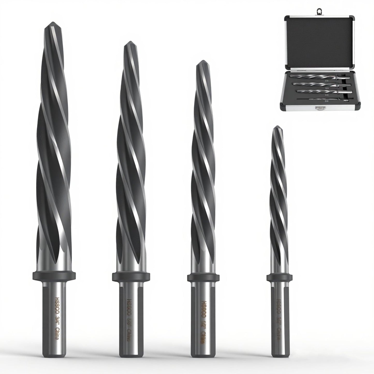 4PCS M35 HSS Taper Chucking Reamer Set 3/8",1/2",5/8",3/4" Fit 3/8" or 1/2" Shank Construction Reamer Drill Bit Bridge Also for Wood Alloy Steel Metal Align The Existing Hole and Expand The Reamer