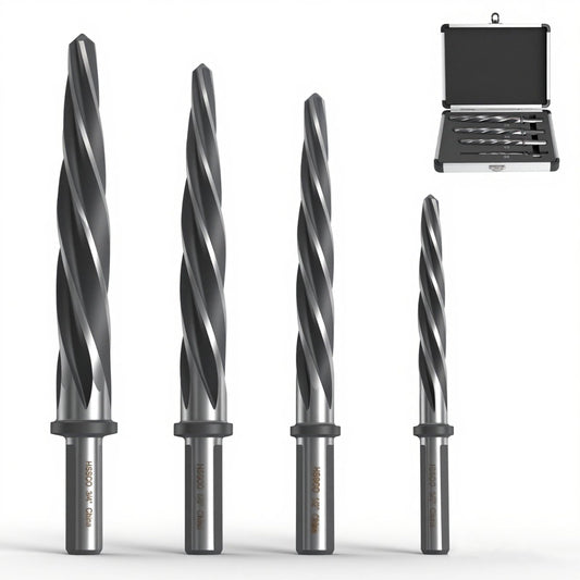 4PCS M35 HSS Taper Chucking Reamer Set 3/8",1/2",5/8",3/4" Fit 3/8" or 1/2" Shank Construction Reamer Drill Bit Bridge Also for Wood Alloy Steel Metal Align The Existing Hole and Expand The Reamer