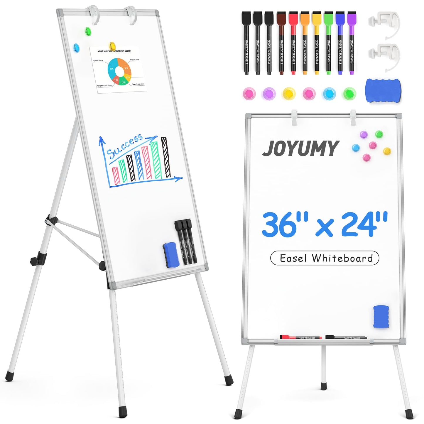 JOYUMY Dry Erase White Board with Stand 36x24 Magnetic Portable Easel with Height Adjustable Tripod, 3' x 2' Flipchart Easel Stand up with Markers, Eraser & Magnets for School Office Classroom Home