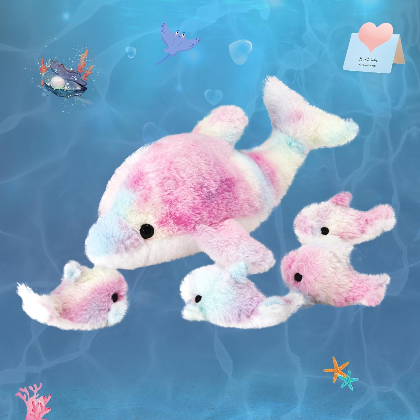 WEWILL 17" Mommy with 4 Babies Rainbow Dolphin Stuffed Animals with Babies Soft Cuddly Colorful Plush Toy Christmas Birthday Gifts for Boys Girls Kids