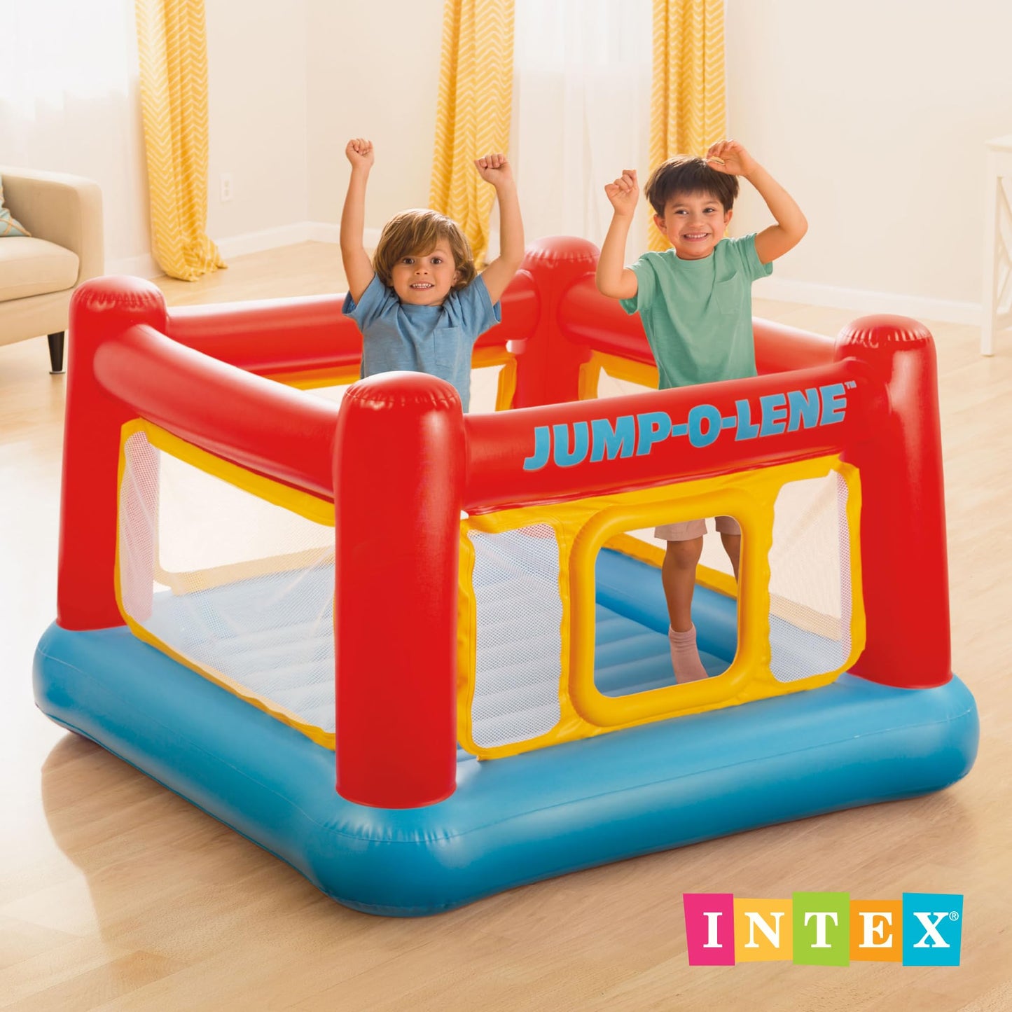 Intex Inflatable Jump-O-Lene Indoor or Outdoor Playhouse Trampoline Bounce Castle House with Crawl-Thru Door and Net for Kids Ages 3-6