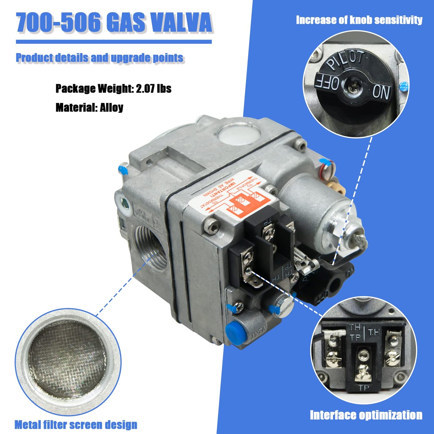 700-506 Gas Valve, Fast Opening, 200000 BTU/H, Combination Gas Valve, Inlet Filtered Screen, Pilot Outlet 1/4” Tubing, Standard NEMA Terminals, Widely Used in Natural Gas