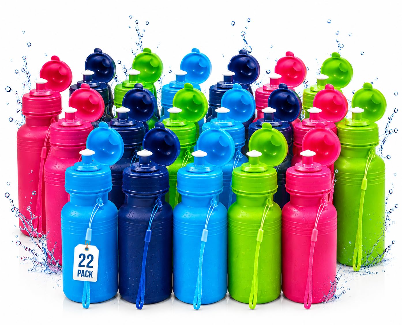 4E's Novelty 22 Pack Water Sports Bottles for Kids Bulk, 18 oz Squeeze Reusable Plastic Neon Colors BPA Free Bike Water Bottles, Party Favor, End of Year Student Gifts from Teacher