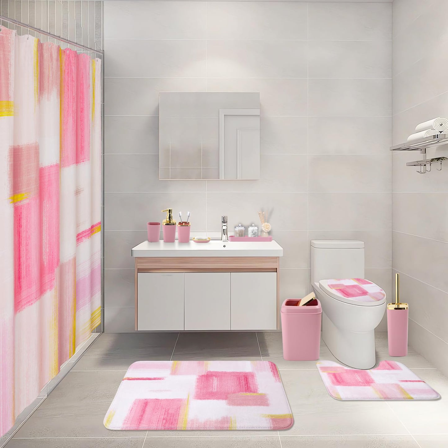 XLHOMO Bathroom Set - Pink and Gold Bathroom Accessories Set, Bathroom Sets with Shower Curtain and Rugs, Pink Shower Curtain Set with Bathroom Trash Can, Soap Dispenser, Soap Dish for Home Decor