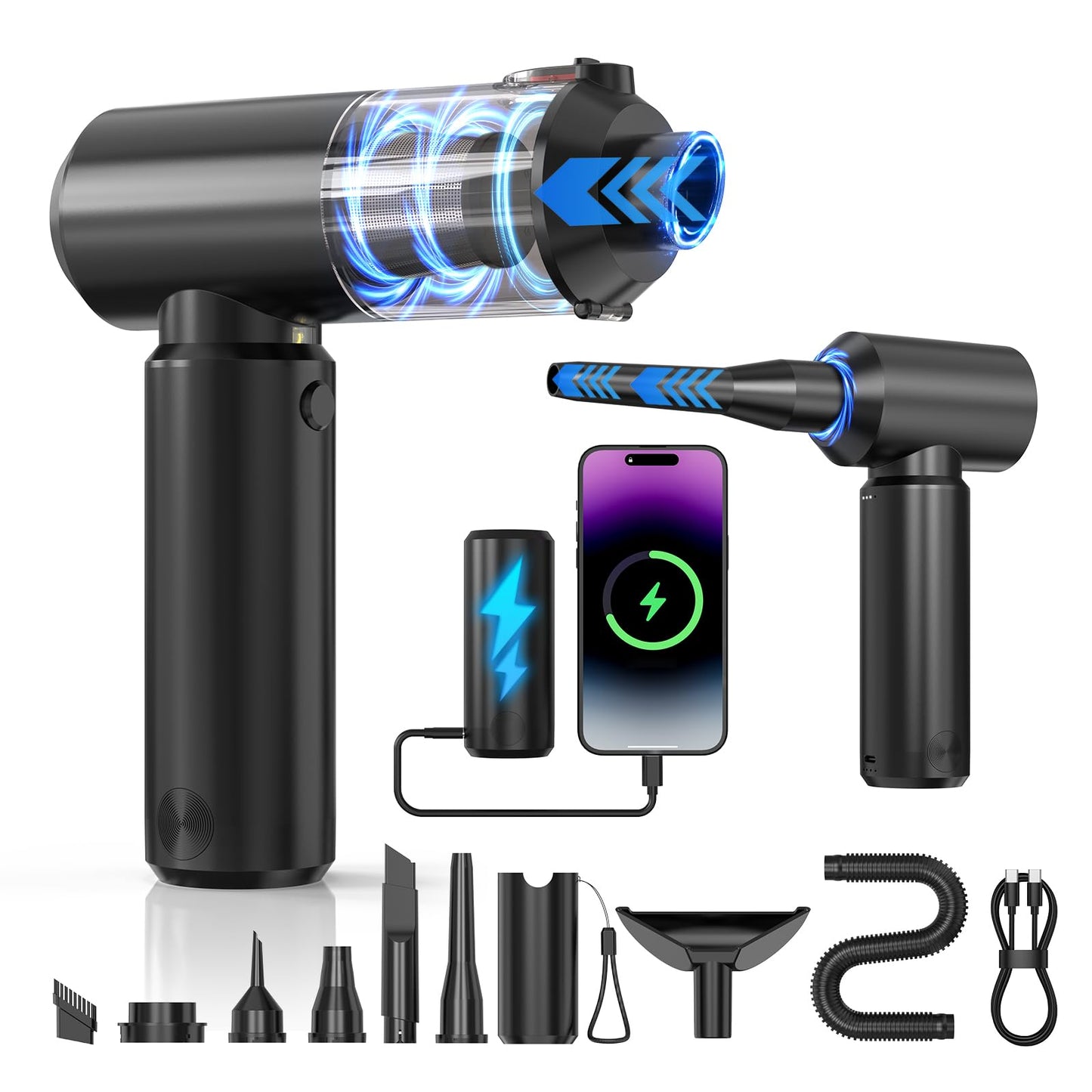TURNRISE Cordless Handheld Vacuum with 6000mAh Power Bank & LED Light – 3-in-1 Car Vacuum, Air Blower & Phone Charger, 20,000Pa Strong Suction, 1lb Mini Vacuum for Car, Home, Pet Hair & Travel