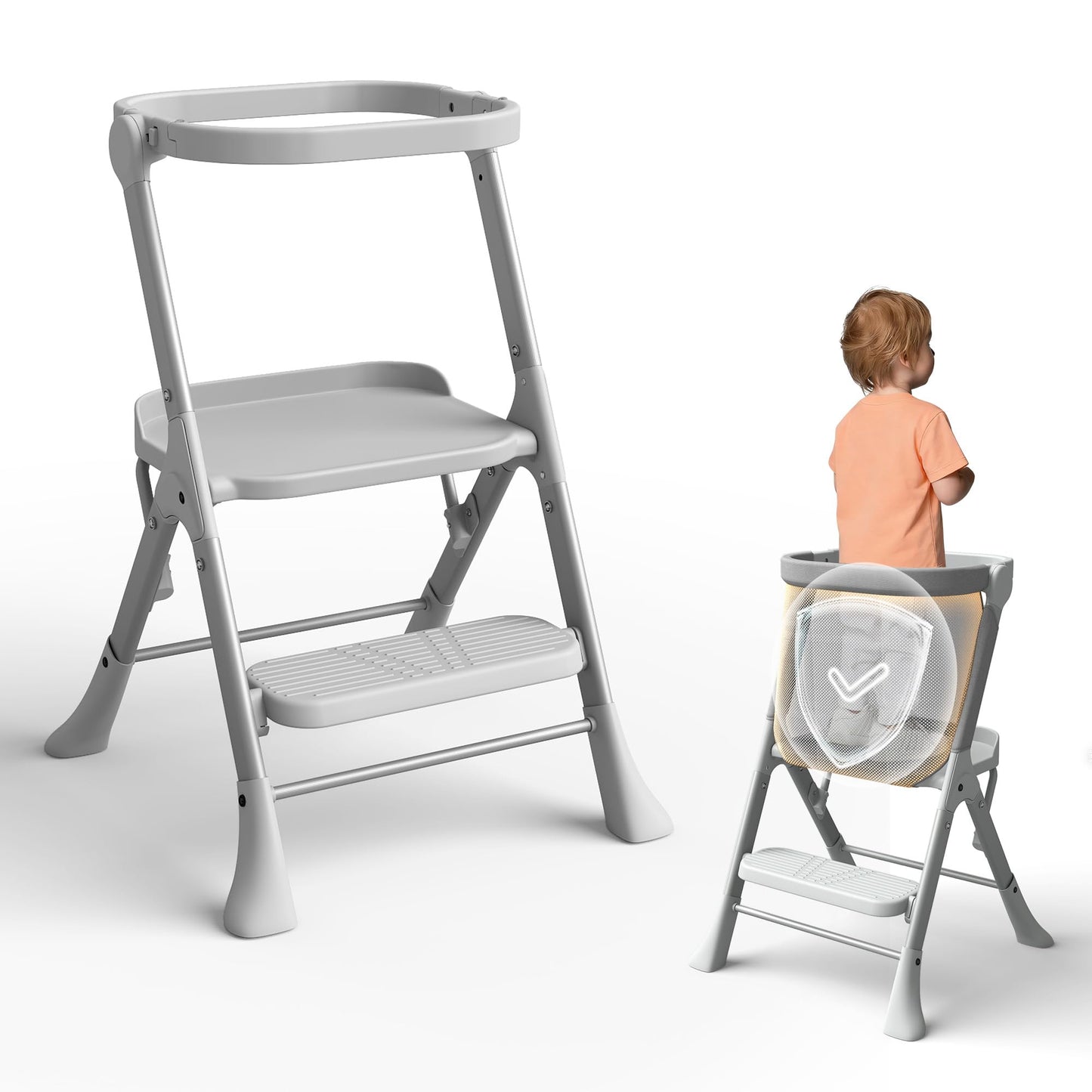 Toddler Tower, Non-Folding Structure for Maximum Stability, Kitchen Stool Helper with Anti-Tipping Structure and Safety Net, Ultra-Secure, Ideal for Toddlers 18 Months to 4 Years, Gray