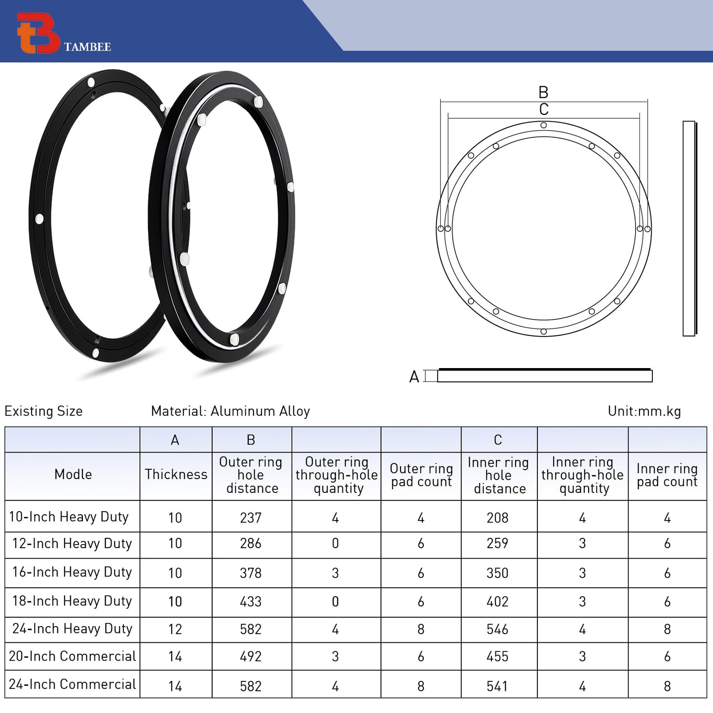 TamBee 20 Inch Lazy Susan Bearing Base, 450 lbs Load Capacity Heavy-Duty Mute Turntable Ring Lazy Susan Hardware for Dining Table, DIY (Black)