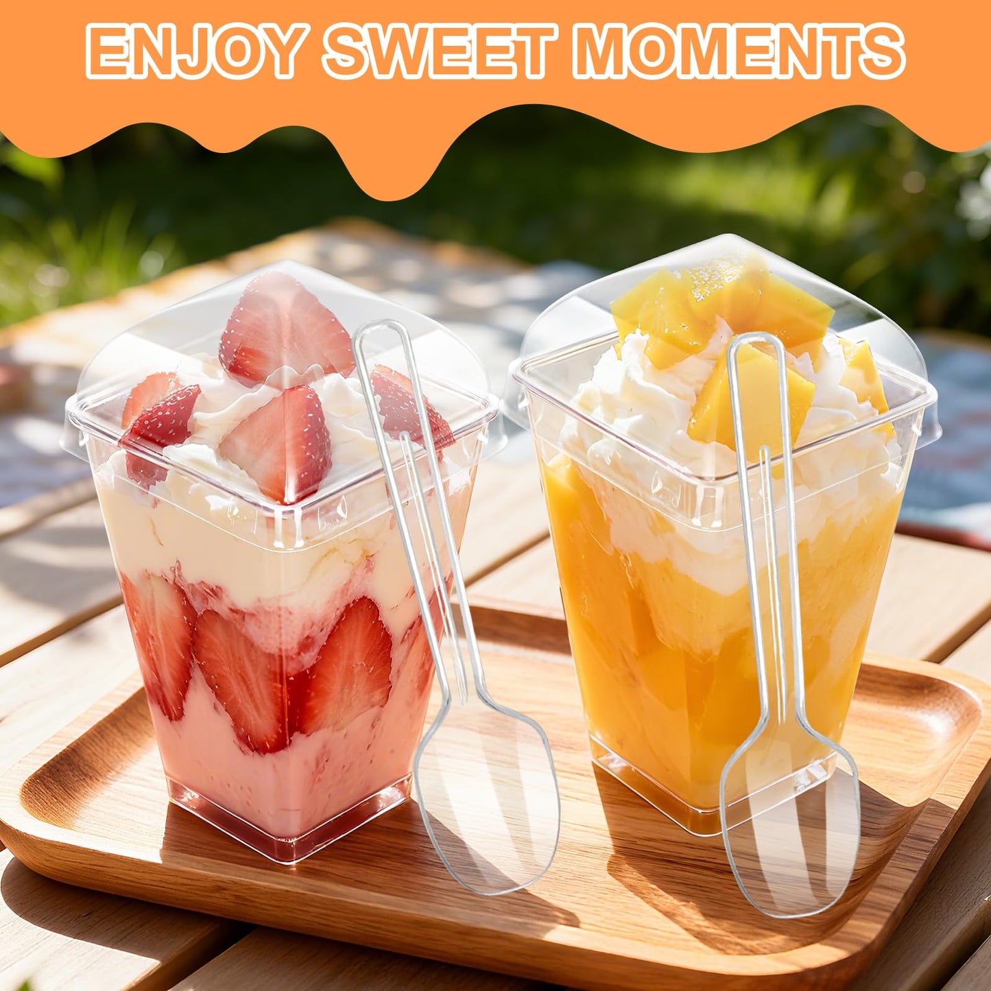 100 Pack 5oz Plastic Dessert Cups with Lids and Spoons, Mini Clear Yogurt Parfait Cups, Small Dessert Shooter Serving Cups, Square Appetizer Cups for Fruit Pudding Ice Cream Tasting Party Supplies