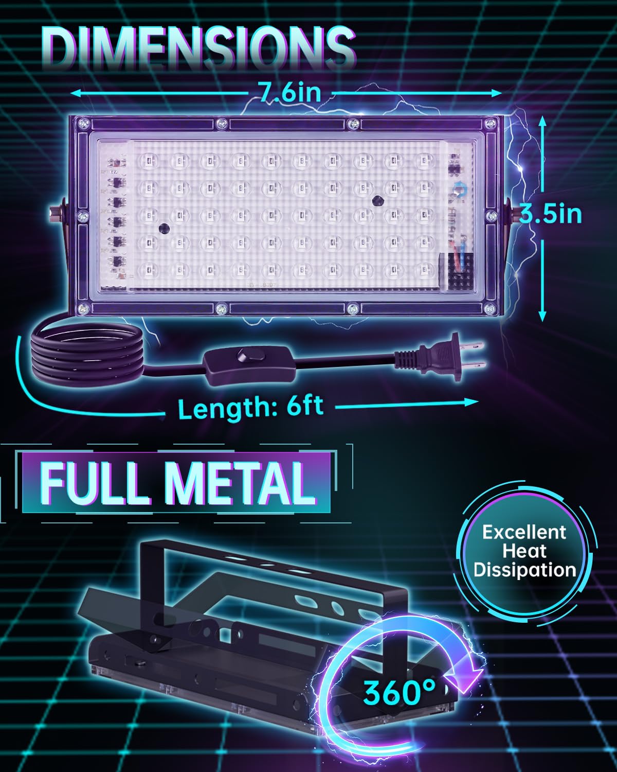 50W Black Lights with Switch+Plug, IP66 Waterproof, LED Blacklight Flood Light for Glow Party, Halloween, Bedroom, Fluorescent Poster, Body Paint, 4 Pack