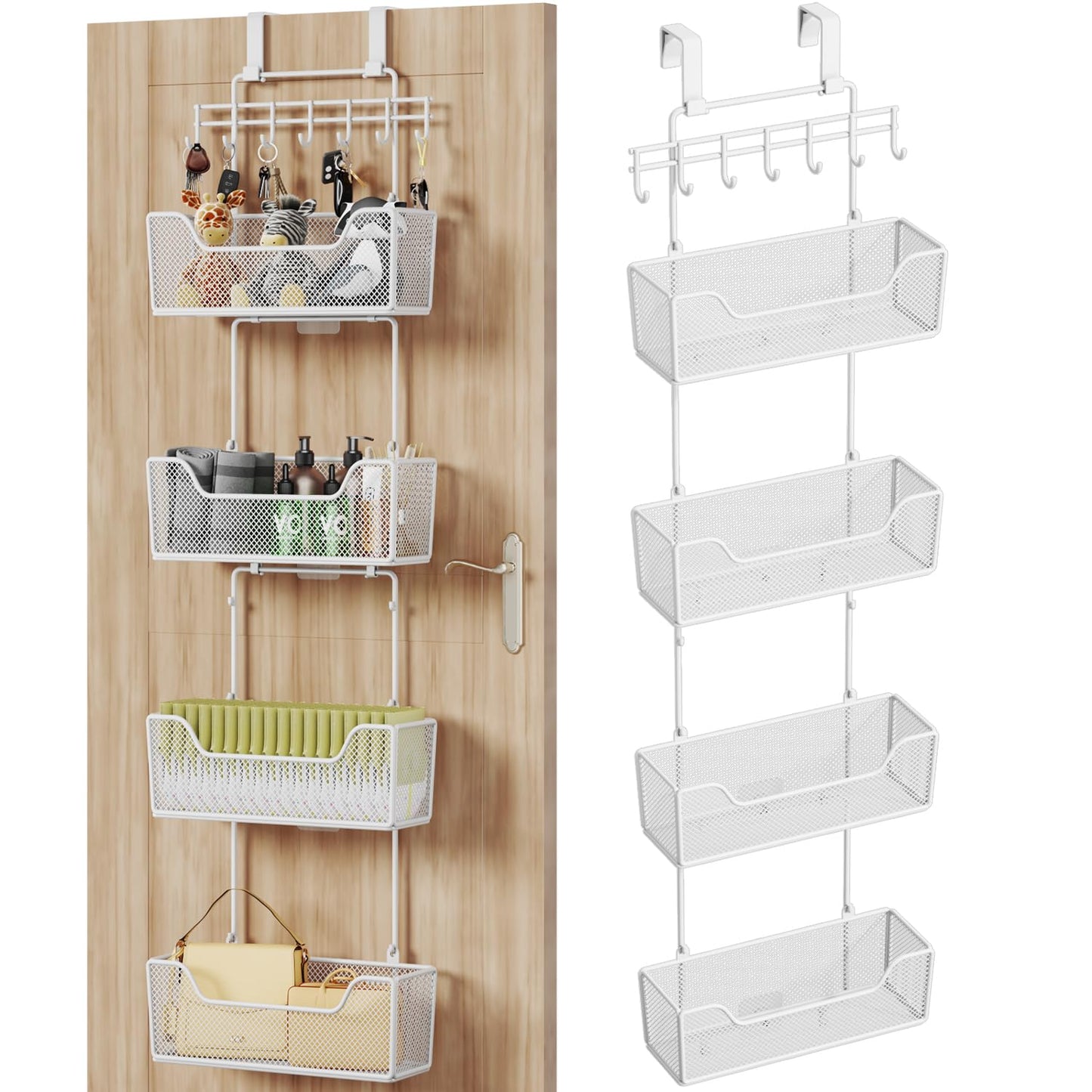 HapiRm Over Door Organizer Storage - Hanging Door Organizer with 4 Metal Large Capacity Baskets and Adjustable Coat Hook for Bathroom Bedroom Kitchen Pantry Closet Cabinet