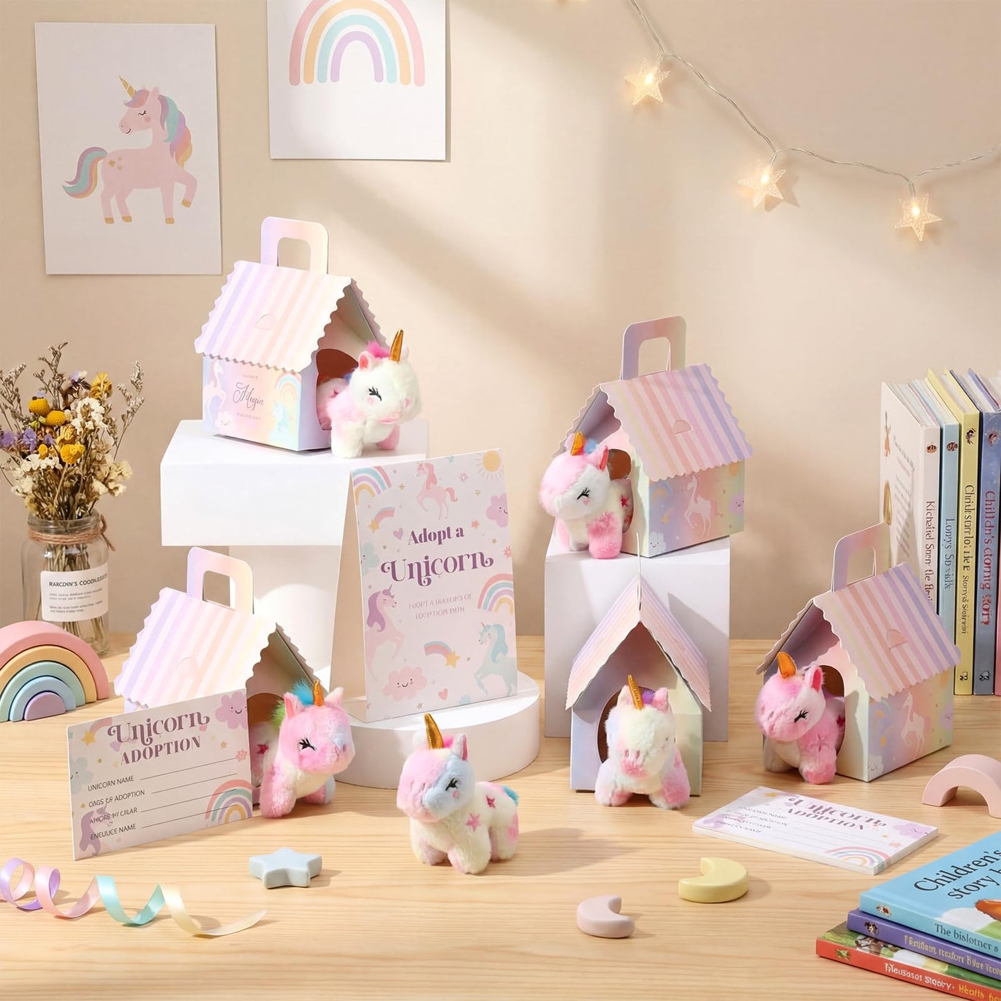 Blueweenly 73 Pcs Adopt a Unicorn Party Favors Set for Girl Mini Plush Unicorn Stuffed Animal Gift Box Adoption Card 1 Animal Sign with Carton House for Adopt Pet Party Birthday (Gradient Closed Eye)