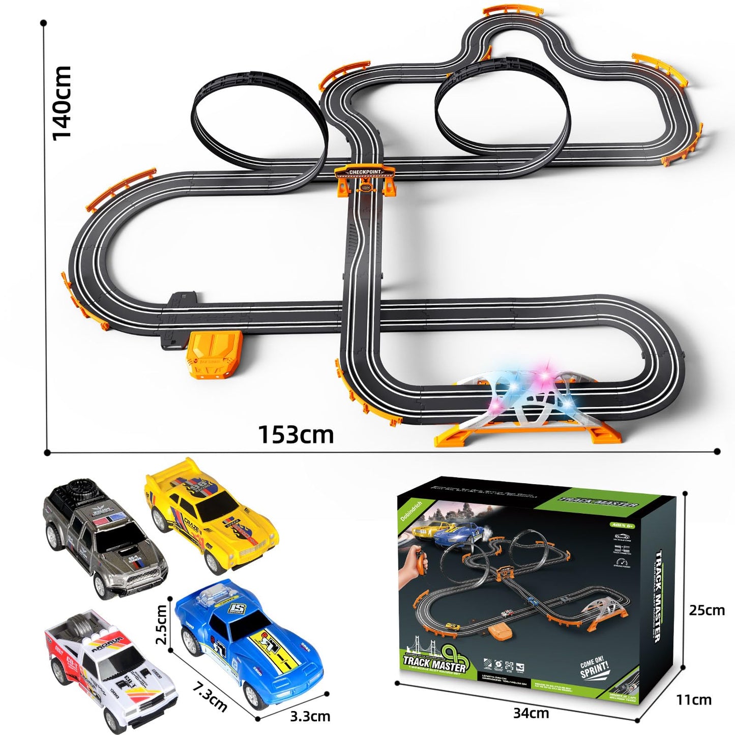 Slot Car Race Track for Kids with 4 Slot Cars, Dual Racing Electric Car Tracks Game Featuring Flash Bridge and Pendulum Toys Gifts for Boys Girls Age 6 7 8 Years Old