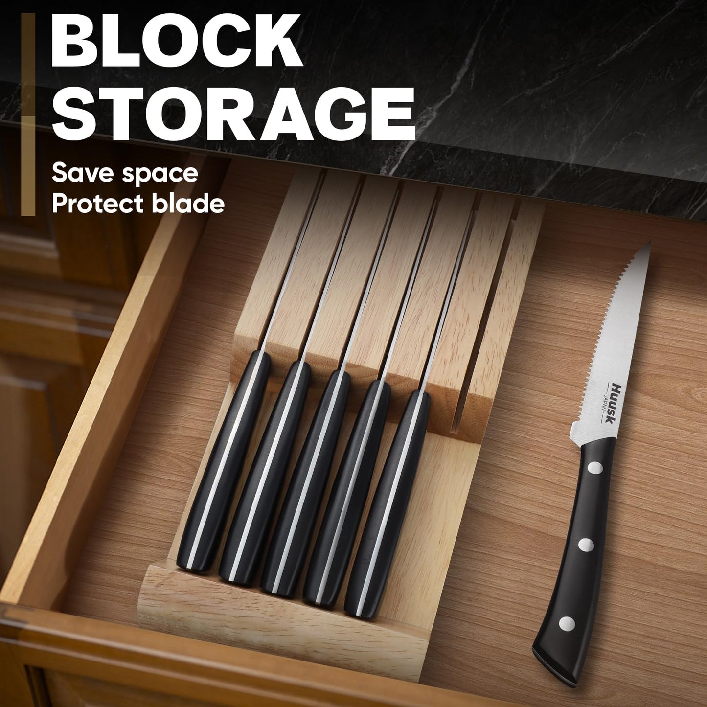 Huusk Steak Knives Set of 6 with Block, Sharp Serrated Steak Knives with Full Tang Handle, Japanese Stainless Steel Stake Knife Set with Drawer Organizer for Kitchen Dinner Table, Gifts for Men Women